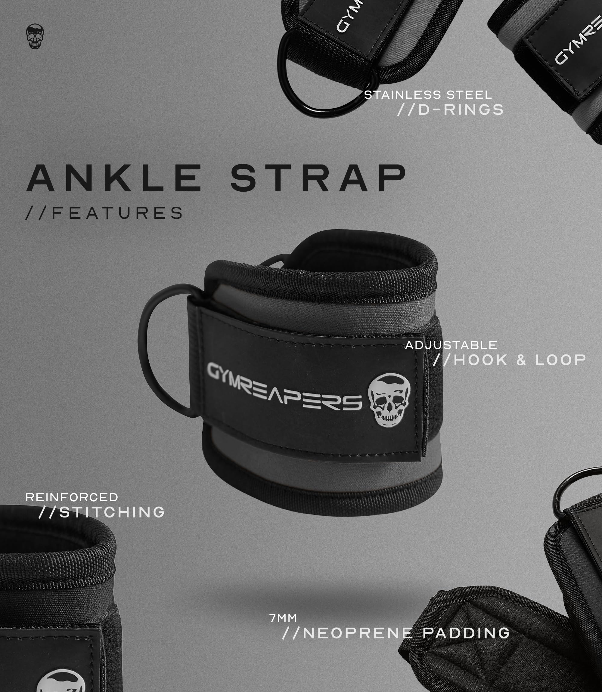 Gymreapers Ankle Straps (Pair) For Cable Machine Kickbacks, Glute Workouts, Lower Body Exercises - Adjustable Leg Straps with Neoprene Padding (Overcast, Pair)
