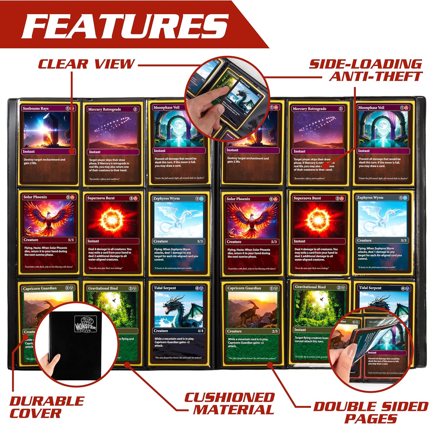 Skiennix 9 Pocket Trading Card Binder - Matte Black Album with Side Loading Pockets | Anti-Theft Storage for 360 Cards - Compatible with Pokémon, Yu-Gi-Oh!, MTG