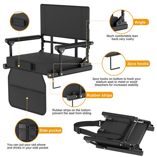 Annzoe Stadium Seats for Bleachers with Back Support, 600 Lbs Rated with Lightweight Soft Comfort Cushion, Stadium Seating for Bleachers with Adjustable Back Support and Shoulder Strap (Black)
