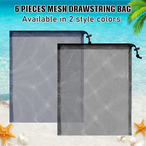 LEIFIDE Mesh Drawstring Bags - 6 Pcs Scalloped Design, 13 x 15.5 Inch Nylon Net for Swimming & Sports
