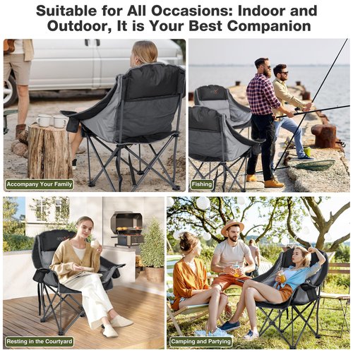 RELAX FIELD Oversized Camping Chair, Portable Folding Padded Camp Chairs with Side Pocket, Cup Holder, Heavy Duty Support 500LBS Outdoor Lounge Chair for Adults, Fishing, Sports, Trip, Black