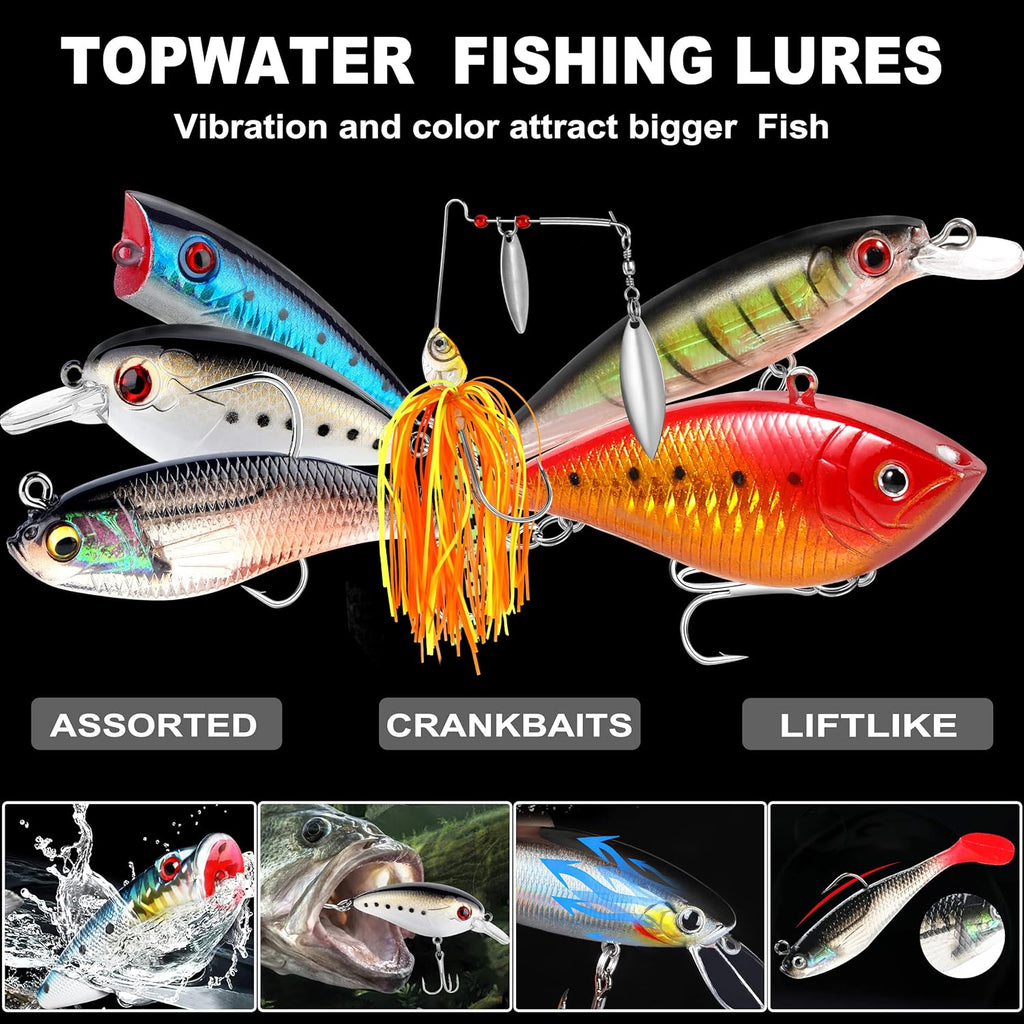 PLUSINNO Fishing Lures Tackle Box - Complete Fishing Accessories Kit for Bass & Trout, Saltwater & Freshwater