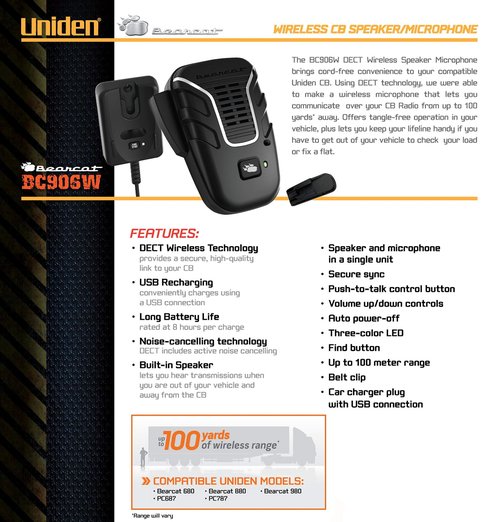 Uniden BC906W Wireless CB Microphone and Speaker in a single unit, Up to 100 Yard Range, Smart Power Save, Active Noise-Canceling Technology, Clear Quality Sound,Black
