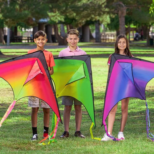 JOYIN Large Delta Kite - Easy to Fly Gradient Rainbow Design | 3 Packs for Kids & Adults