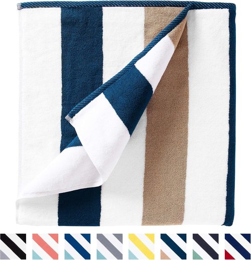 Laguna Beach Textile Co. Oversized Striped Cabana Beach Towel - Plush 630 GSM Cotton | Ocean Blue & Almond Beige