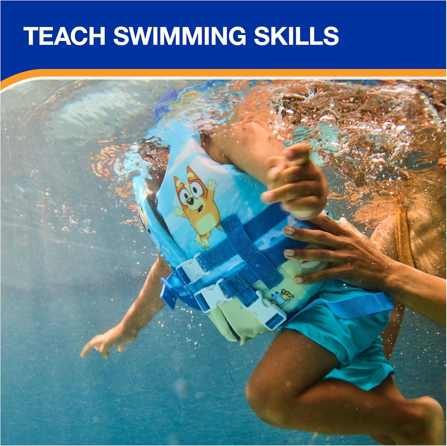 SwimWays Bluey Life Jacket - US Coast Guard Approved Kids Swim Vest for 33-55 lbs, Bluey Design