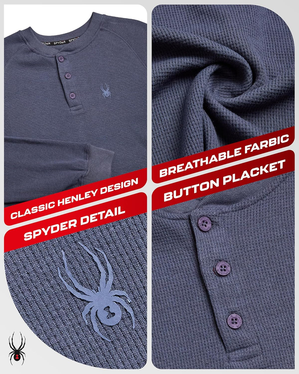 Spyder Men's Henley Shirts - Soft Cotton Blend Quick-Dry Long Sleeve Pullover | Moisture-Wicking Waffle Knit
