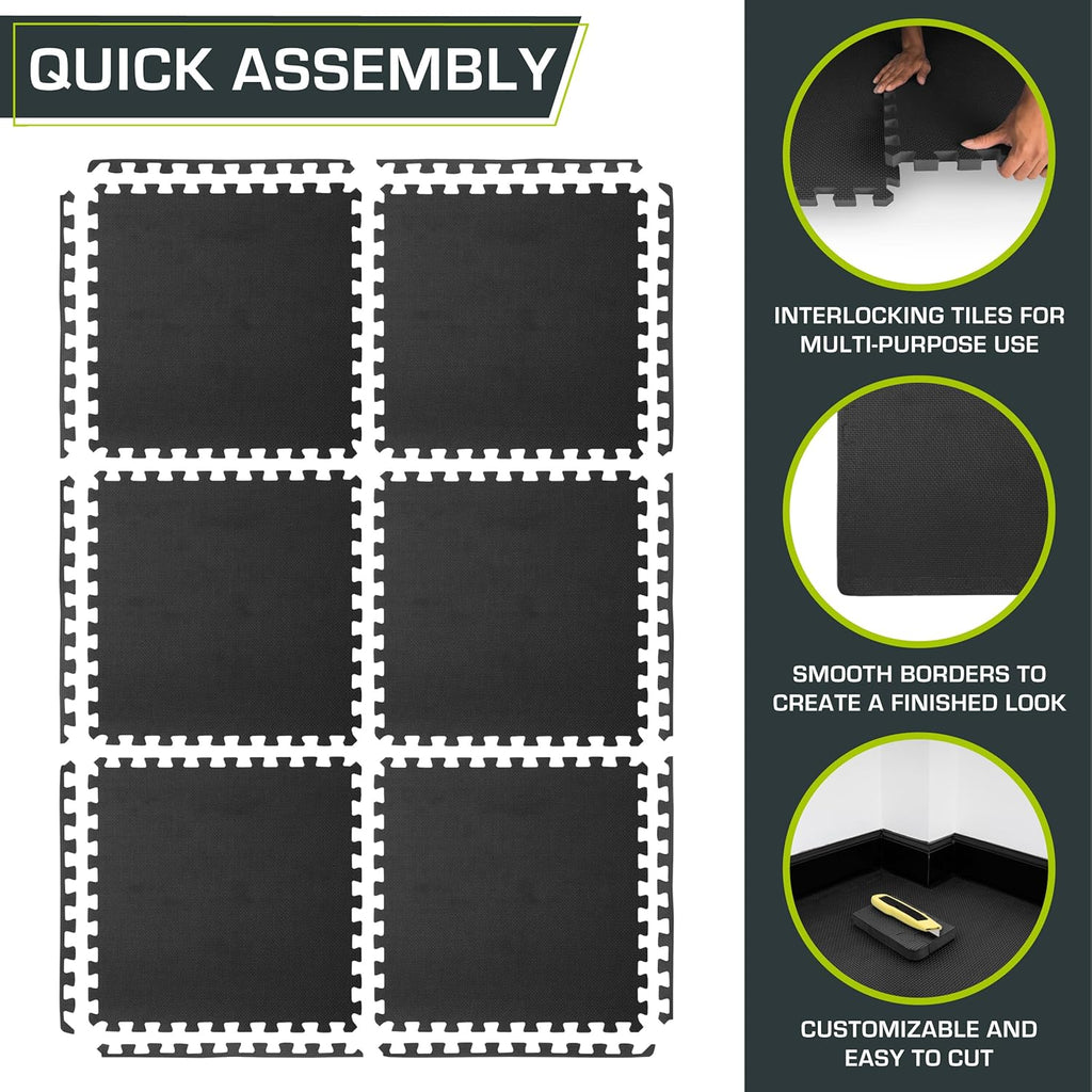 ProsourceFit Extra Thick Exercise Puzzle Mat - 1-Inch EVA Foam Interlocking Tiles | Cushioned Flooring, Black, 24 SQ FT