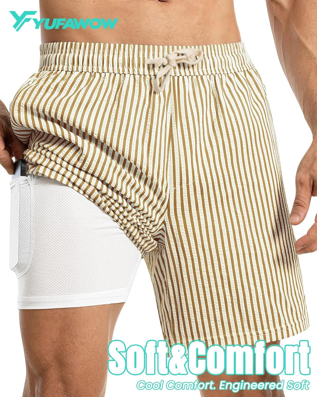 Skiennix 2-in-1 Seersucker Men’s Swim Trunks - Quick Dry with Compression Liner & Zipper Pockets - 7 Inches