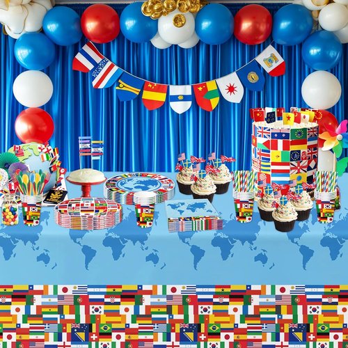 APOWBLS International World Flags Decorations - Olympic Party Supplies Set for 24 | Plates, Cups, Napkins, Cutlery, Tablecloth