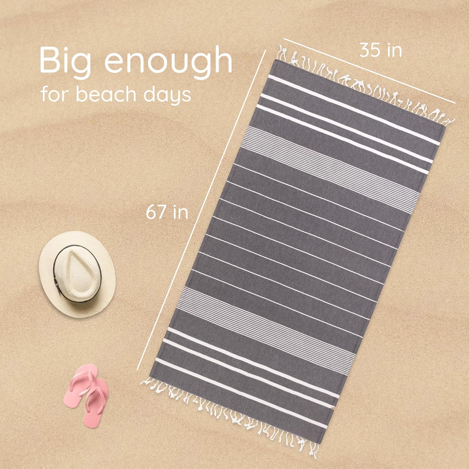 Premium Turkish Beach Towel - 100% Cotton, Quick Dry, Oversized 35”x 67” - Sand Free, Ideal for Travel & Pool - Black