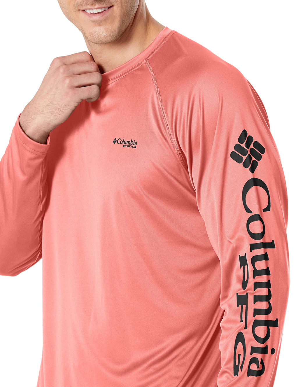 Columbia Men's Terminal Tackle Long Sleeve Fishing Shirt, Sorbet/Black Logo, 1X