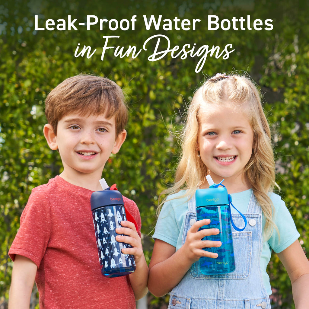 Bentgo Kids Water Bottle 2-Pack - Leak-Proof Durable Tritan BPA-Free 15 oz Cup for Kids/Toddlers Ages 3+; Bite & Sip Spout + Dishwasher Safe for School/Sports/Daycare/Camp (Rocket/Shark)