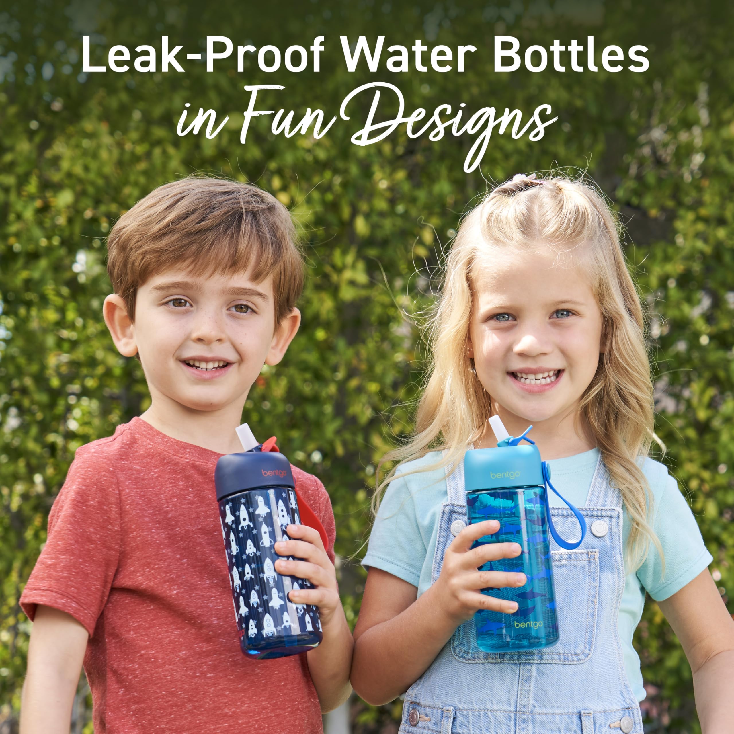 Bentgo Kids Water Bottle 2-Pack - Leak-Proof Durable Tritan BPA-Free 15 oz Cup for Kids/Toddlers Ages 3+; Bite & Sip Spout + Dishwasher Safe for School/Sports/Daycare/Camp (Rocket/Shark)