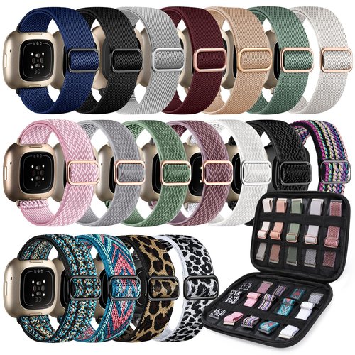 HAYONLIY 18 Pack Elastic Bands with Storage Case Compatible for Fitbit Versa 3/Versa 4/Fitbit Sense/Sense 2,Adjustable Stretchy Nylon Sport Replacement Strap for Women Men