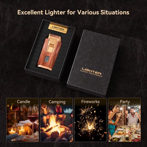 All-in-One Torch Lighter with Punch, Holder, and Draw Enhancer Tool, Adjustable Windproof 2 Jet Flame Lighters, Refillable Lighters Gift for Men (Mahogany)