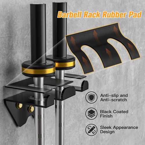 Olympic Barbell Hanger - Vertical Wall Mount Rack with Rubber Pad for Garage Gym or Home, Space Saving, Holds Under 33mm Bar Size, Black