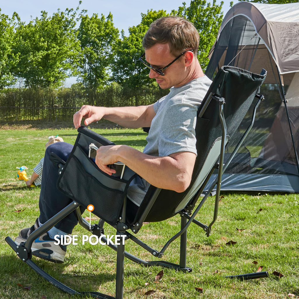 Portal Oversized Folding Rocking Camping Chair Portable Outdoor Rocker with High Back Hard Armrests Carry Bag, Supports 400 lbs, Mesh Back, Black & Grey