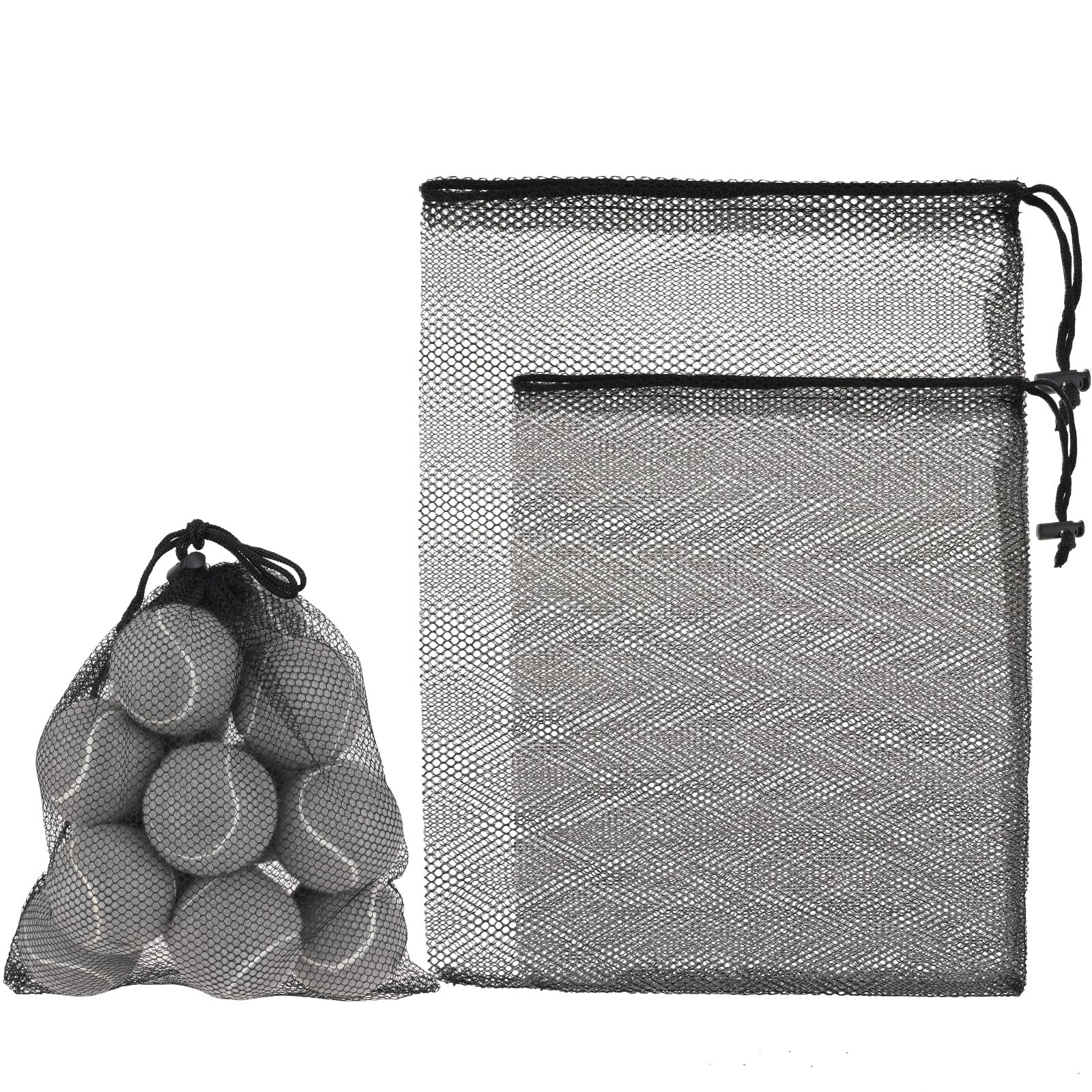 Thinp 2 Pcs Golf Ball Mesh Bag With Drawstring - Nylon Bag for Pool Toys, Tennis Balls (2 Sizes, Black)