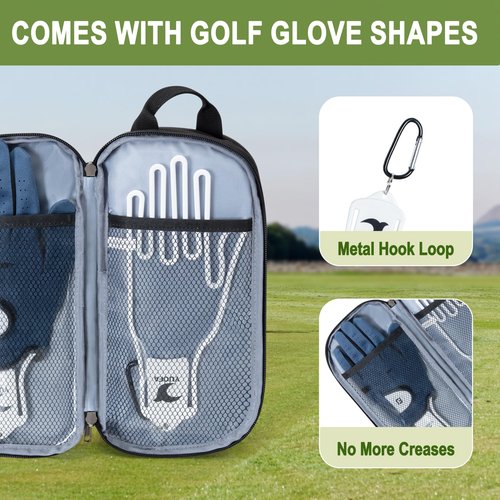 GOBUROS Golf Glove Holder Case with 2 Glove Shaper, Protective Golf Ball Bag Accessory Storage Organizer for Tees Balls Markers, Golf Gifts for Men Women, Black