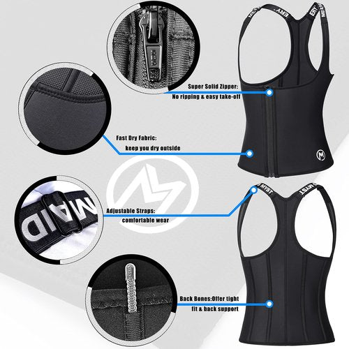 MERMAID'S MYSTERY Waist Trainer Vest For Women Neoprene Sauna Sweat Workout Exercise Gym Tank Top Body Slim Stomach Tummy Shaper Trimmer Wrap Belt Zip Up Corset Suit Hot Band Zipper Strap (M) Black