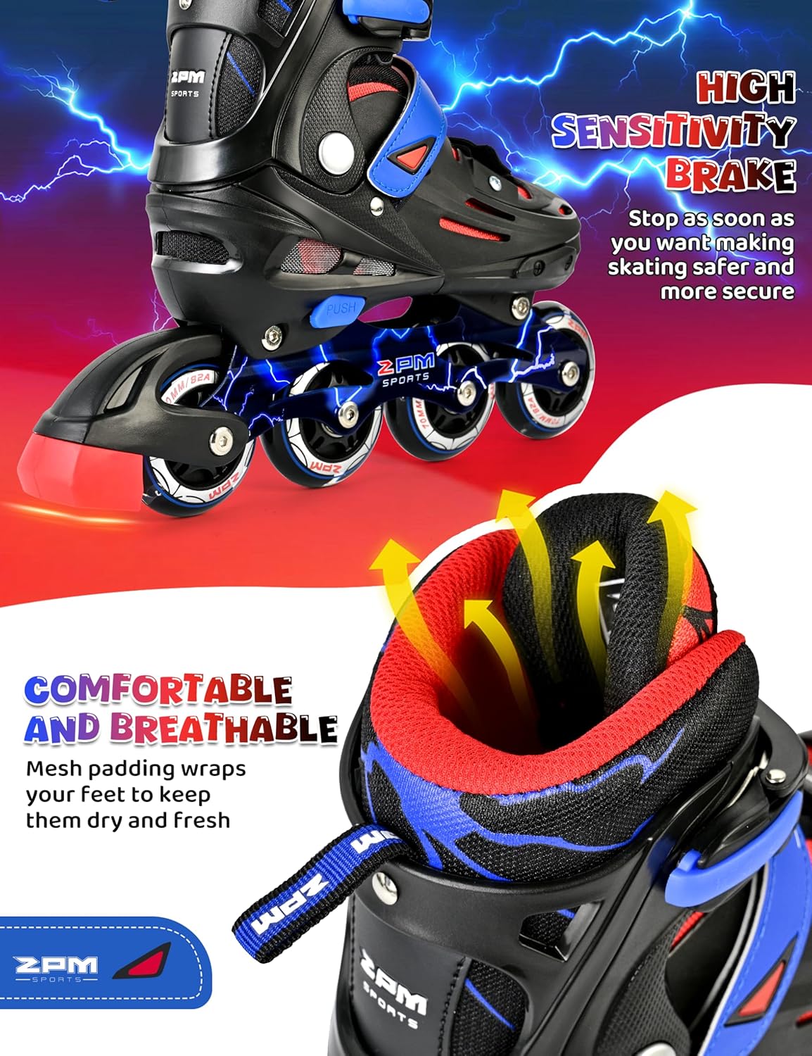 2PM SPORTS Inline Skates for Kids - Adjustable Light-Up Roller Skates for Ages 5-12 | Indoor/Outdoor Use