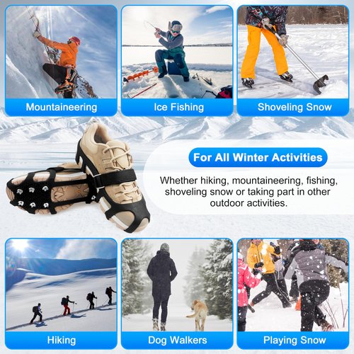 Crampons Ice Cleats for Shoes and Boots Snow Traction Cleats for Walking on Snow and Ice 9 Point Cleats Non-Slip Grippers Overshoe Silicone Stretch Footwear for Winter Hiking Climbing Ice Fishing