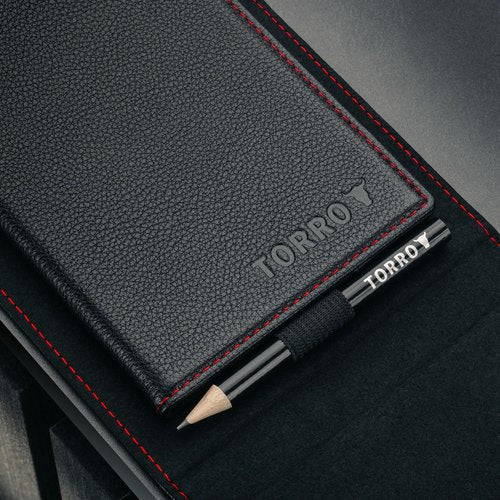 TORRO Large Golf Scorecard and Yardage Book Holder – Genuine Leather Pro Golf Score Card and Yardage Wallet with Pencil (Black with Red Detail)