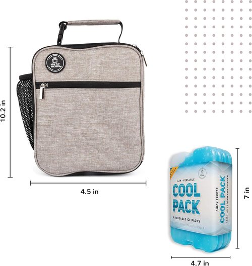 Healthy Packers Slim Ice Packs - Long Lasting Insulated Lunch Bag in Light Grey