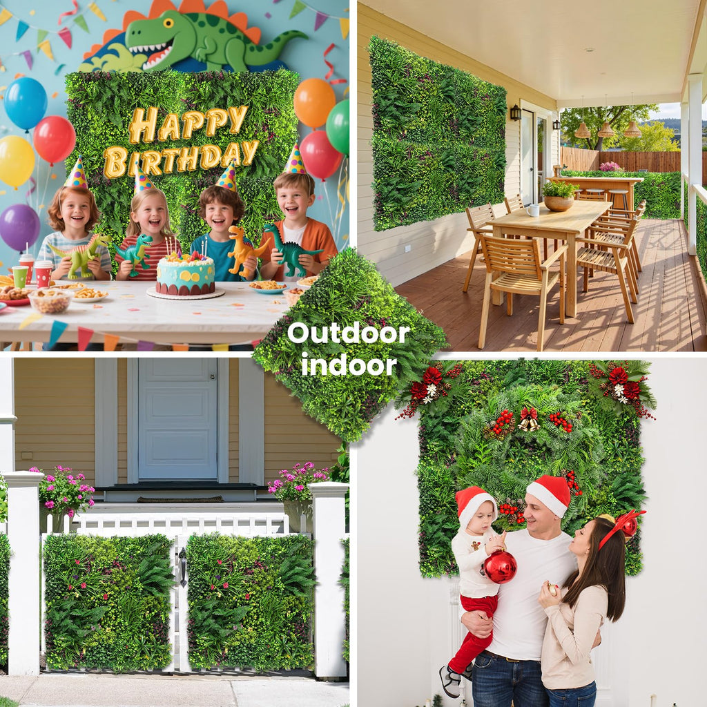 STURDON Artificial Grass Wall Panels for Indoor Outdoor, 40"x40" (11.09 Sq.Ft), 3D Boxwood Panels, Greenery Wall Backdrop for Home Living & Wedding Event Decor with DIY 60 PCS Flower,100 PCS Zip Ties