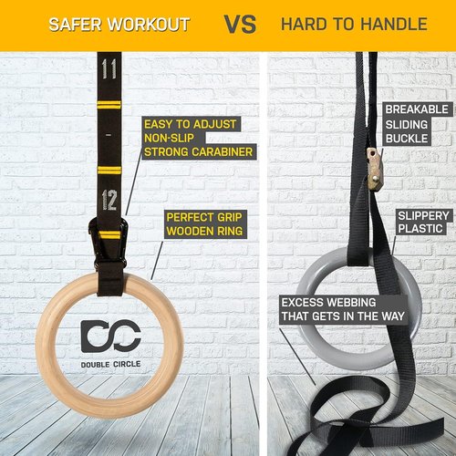 Double Circle Wood Gymnastics Rings - Quick Adjust Numbered Straps & Exercise Guide | Full Body Workout (Multi-Size)
