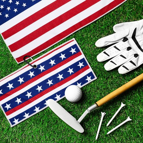 Flutesan 4 Pieces American Flag Pattern Golf Towels for Golf Bags Red White Blue Golf Ball Towel for Men Women Microfiber Waffle Texture Absorbent Golf Towels for 4th July Independence Memorial Day