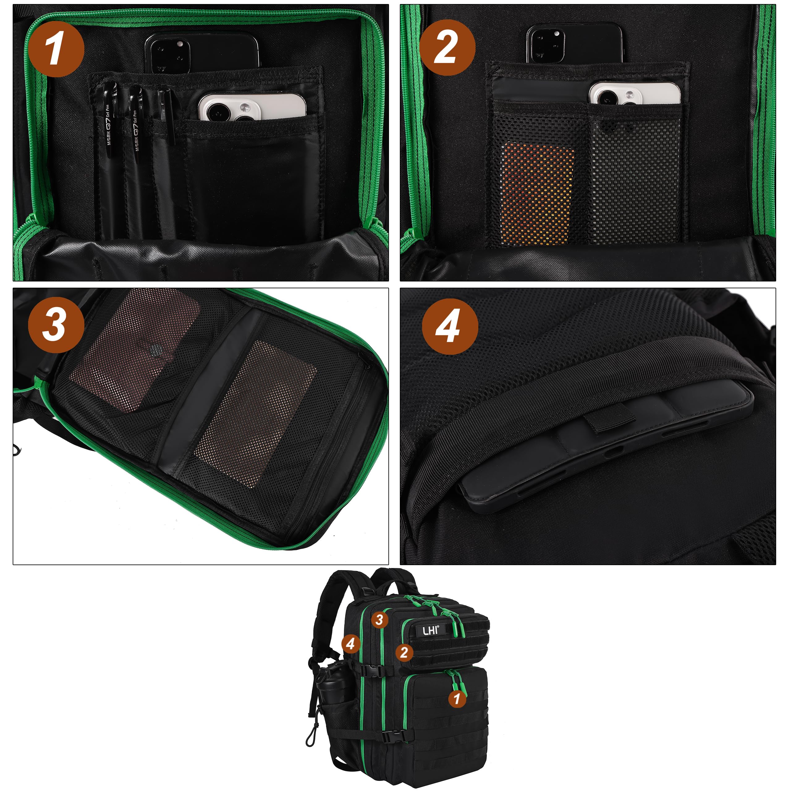 LHI Military Tactical Backpack for Men and Women 45L Army 3 Days Assault Pack Bag Large Rucksack with Molle System - Black with green zipper
