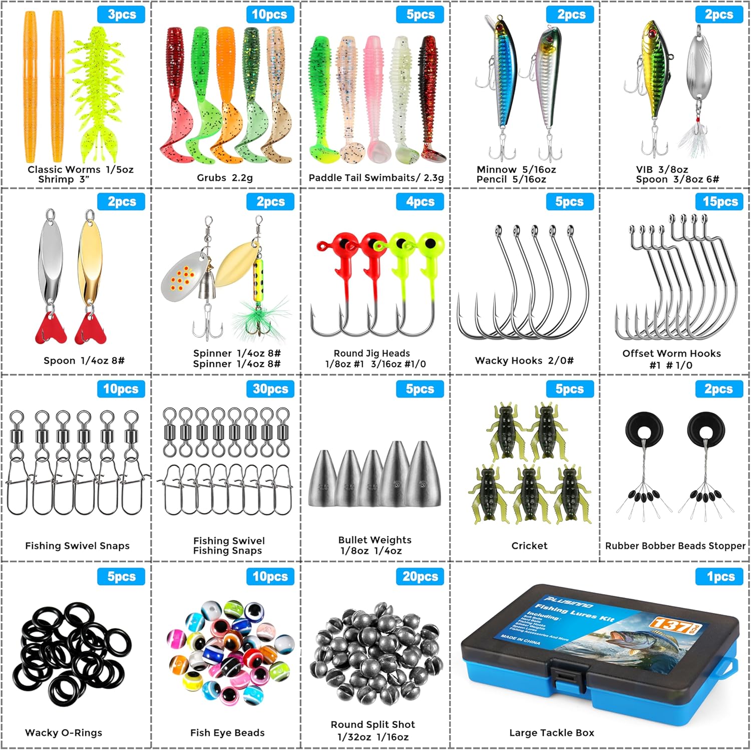 PLUSINNO Fishing Lures Kit - 137Pcs Tackle Box with Crankbaits, Hooks & Weights for Freshwater Bass Fishing