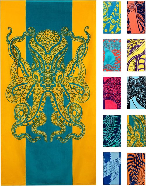 Nova Blue Beach Towel - Vibrant Tropical Design in Orange & Teal | 100% Cotton, 34 x 63 Inches