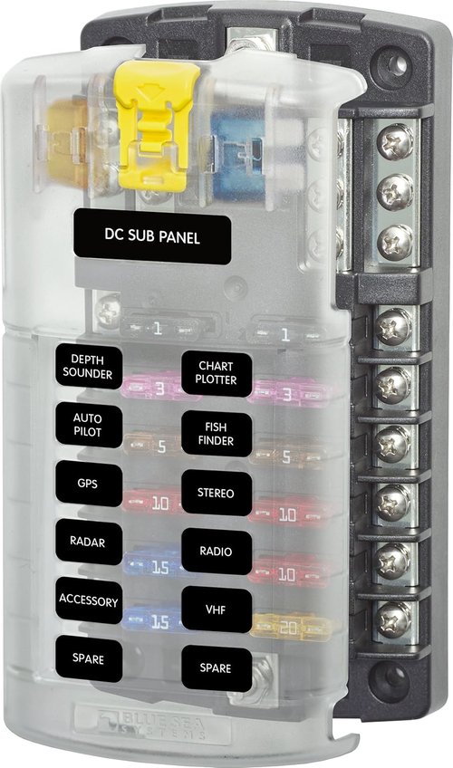 Blue Sea Systems ST Blade Fuse Block - 12 Circuit with Ground & Cover, 100 Amps | Model 5026