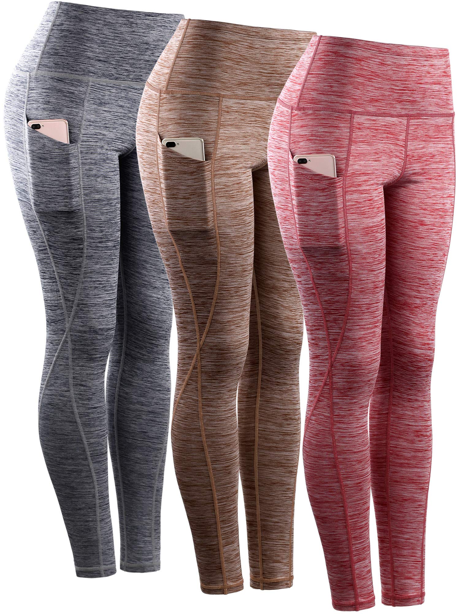 NELEUS Tummy Control High Waist Yoga Pants Workout Running Leggings for Women,9033,3 Pack,Red,Grey,Brown,XL,EU 2XL