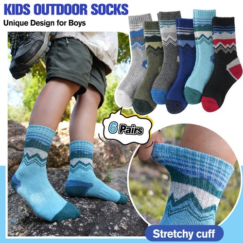 EBMORE Kids Merino Wool Hiking Socks Boys Toddlers Girls Winter Thermal Thick Warm Boot Cushion Ski Snow Gift Socks Stocking Stuffers 6 Pair(Black/Gray/Blue/Deep Green,4-7 Years)