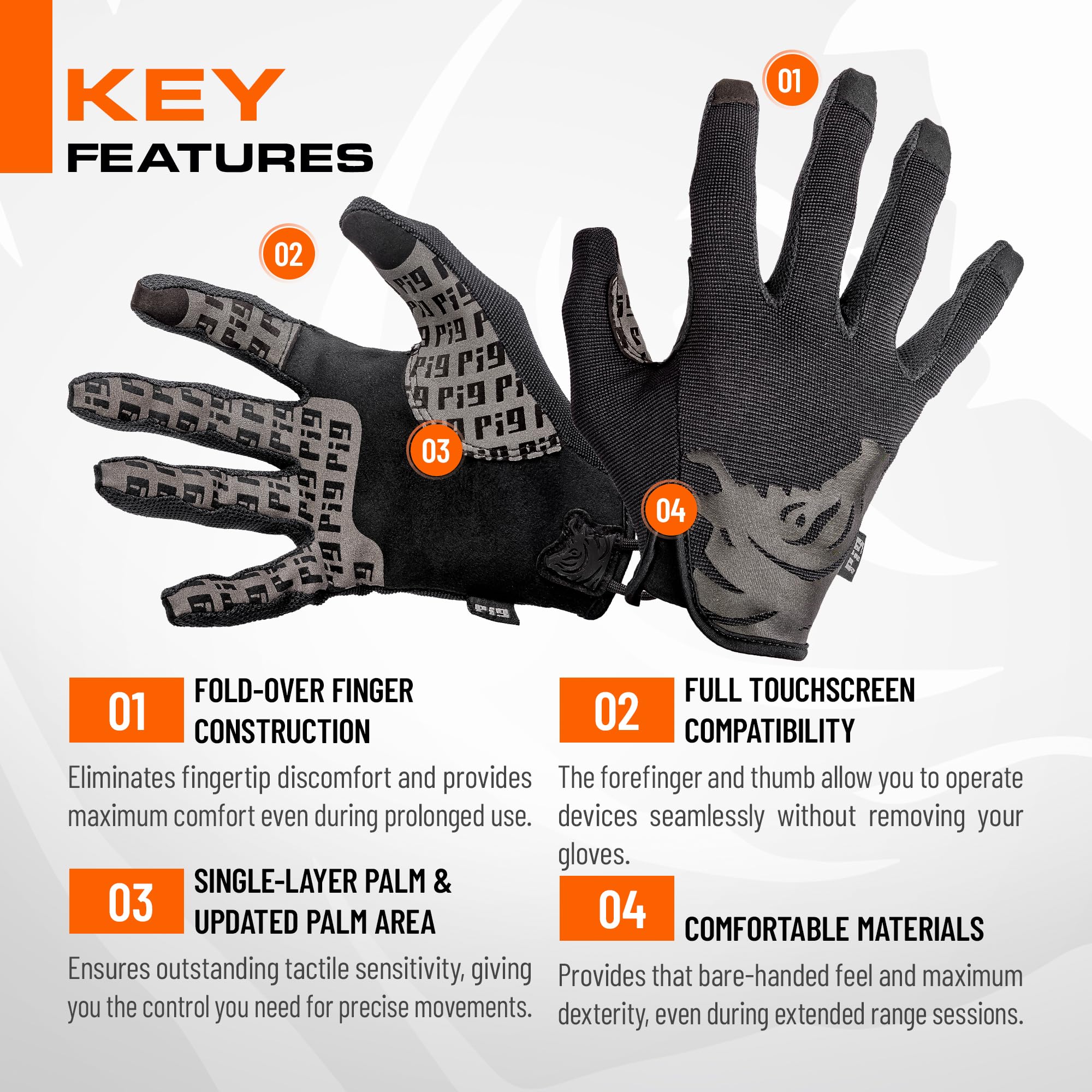 PIG Delta Utility Tactical Gloves, Touchscreen Compatible, High Dexterity, for Shooting, 1 Pair, Black, Large