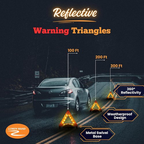 Lumen Wand LED Reflective Warning Triangles Kit - 3-Pack for Road Safety | Metal Base & Internal LEDs, Includes Storage Bag & 9 AAA Batteries