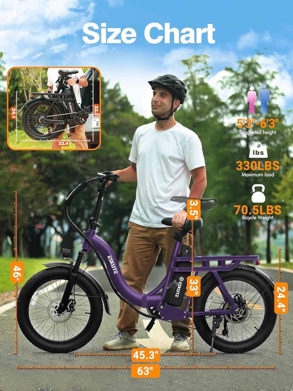 Skiennix 1200W Folding Electric Bike - 28MPH, 55-Mile Range, 10.4Ah Removable Battery, 20"x3" Fat Tires
