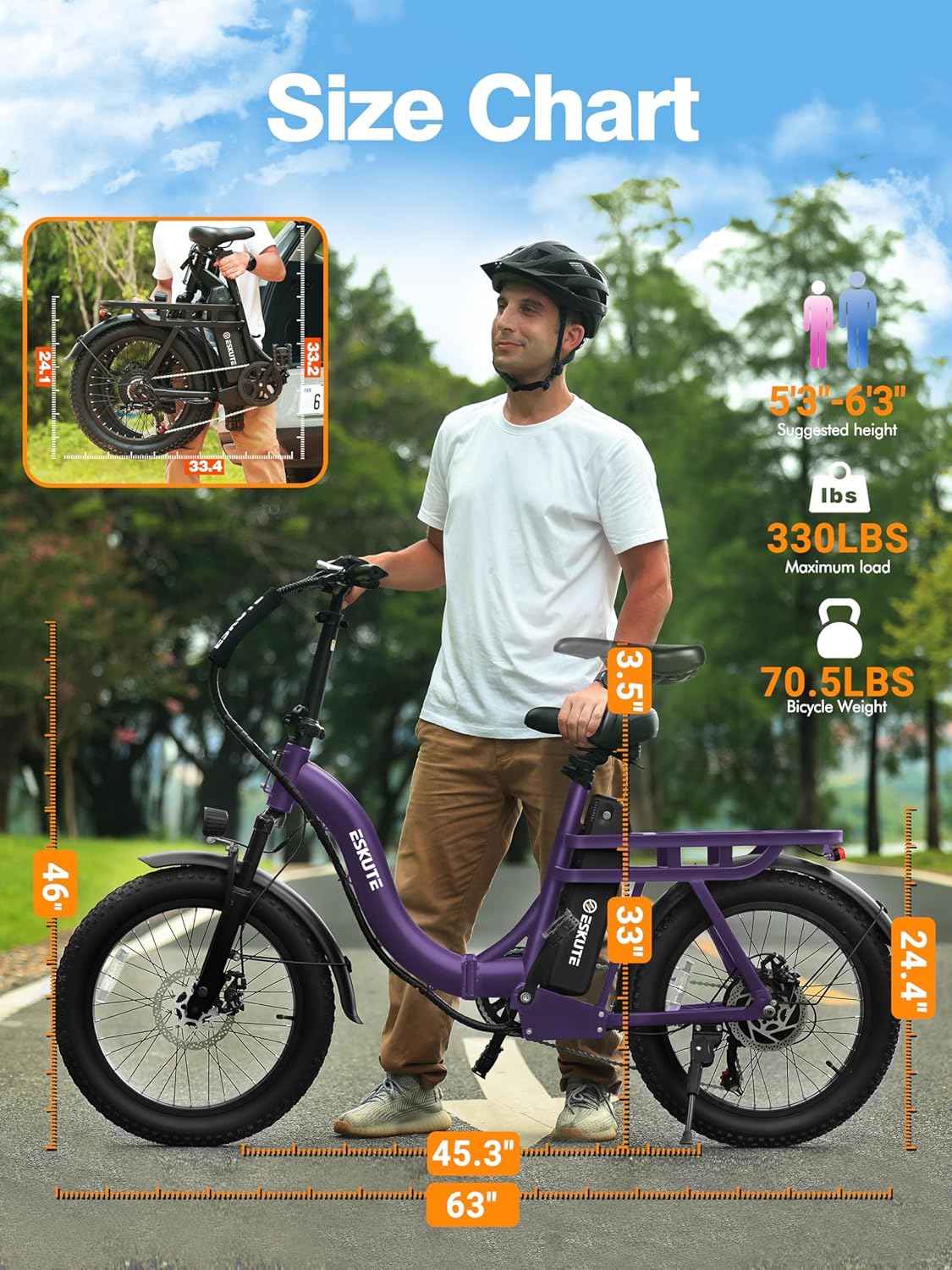 Skiennix 1200W Folding Electric Bike - 28MPH, 55-Mile Range, 10.4Ah Removable Battery, 20"x3" Fat Tires