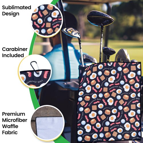 Festi Daze Breakfast Ball Golf Towel Microfiber Cloth with Carabiner Clip, Waffle Weave, Funny Golf Accessory, Golf Bag Towel