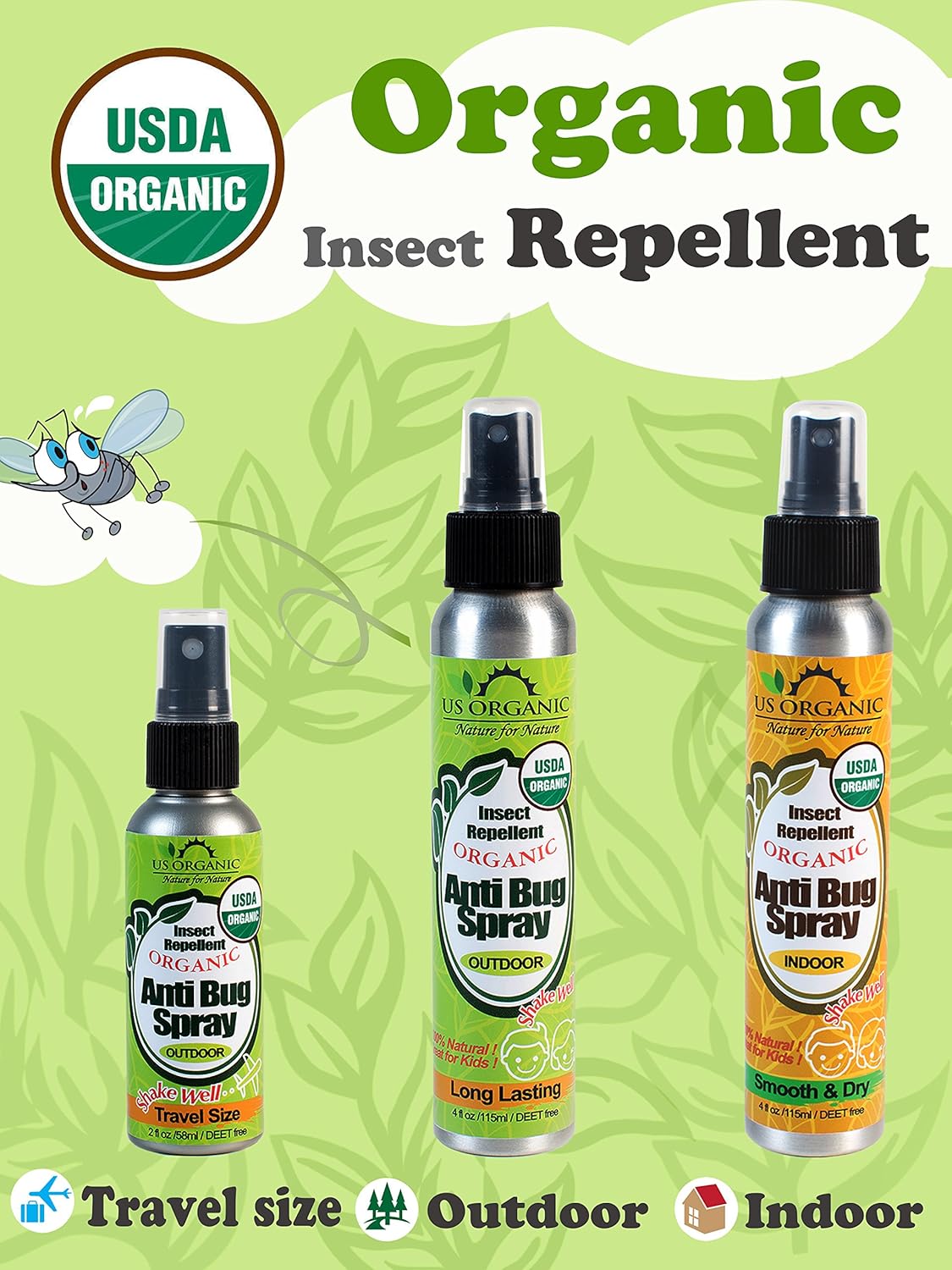 US Organic Mosquito Repellent Spray - Deet-Free, USDA Certified, Cruelty-Free | 2 oz Value Pack