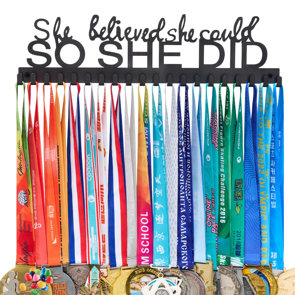 Goutoports Medal Holder Display Hanger Rack Frame for Sport Race Runner - She Believed She Could - Sturdy Black Steel Metal Over 60 Medals Easy to Install