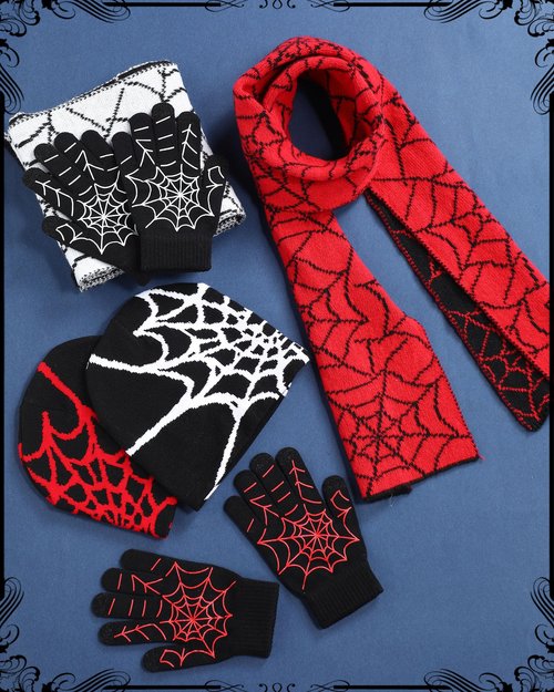 Shihanee 6 Pcs Y2k Beanies Set Spiderweb Pattern Include 2 Gothic Acrylic Knitted Hats/Gloves/Scarves, Stretchable Unisex Casual Streetwear Outdoor Winter for Men Women, Black, Red, White