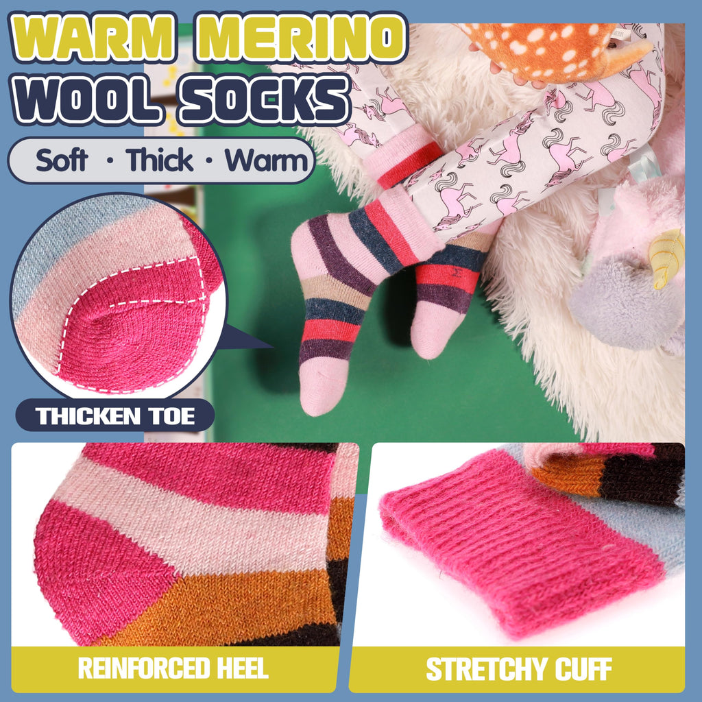 ProEtrade Merino Wool Socks for Kids Toddlers Boys Girls Thick Warm Winter Hiking Heavy Thermal Cozy Crew Boot Gift Socks 6 Pack(Colorful Stripes,4-7 Y)