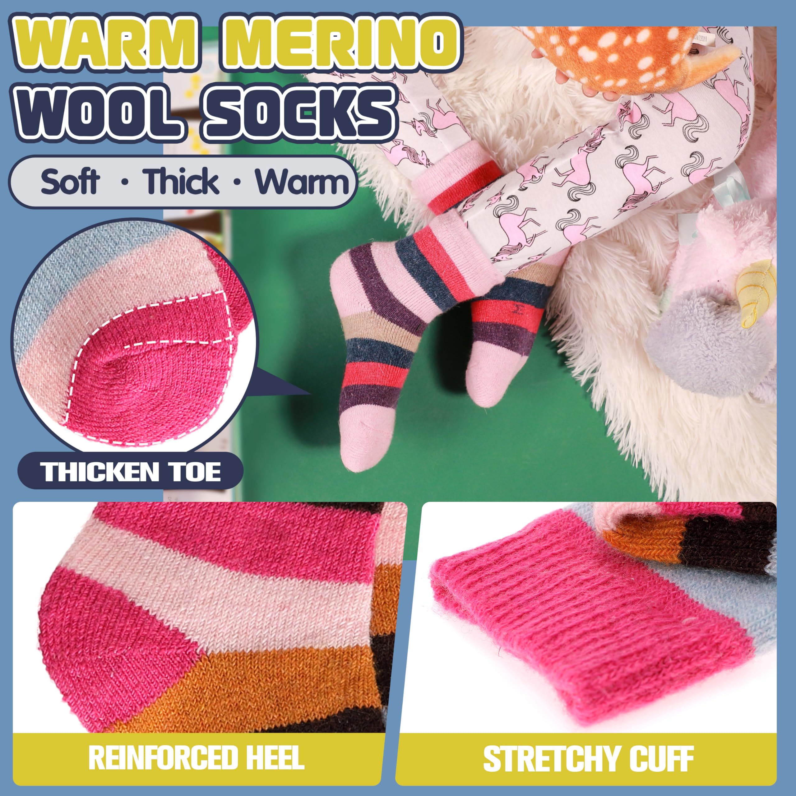 ProEtrade Merino Wool Socks for Kids Toddlers Boys Girls Thick Warm Winter Hiking Heavy Thermal Cozy Crew Boot Gift Socks 6 Pack(Colorful Stripes,4-7 Y)