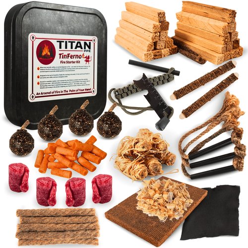 TITAN PPE TinFerno Fire Starting Kit – 100pc Fire Starter for Campfires, Ferro Rod, Magnesium Flint, Char Cloth, Fatwood, Wax Rope, Hemp Wick, Camping, Hiking, Bushcraft & Gift - Emergency Fire Kit