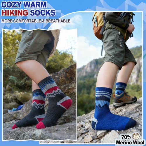 EBMORE Kids Merino Wool Hiking Socks Boys Toddlers Girls Winter Thermal Thick Warm Boot Cushion Ski Snow Gift Socks Stocking Stuffers 6 Pair(Black/Gray/Blue/Deep Green,4-7 Years)